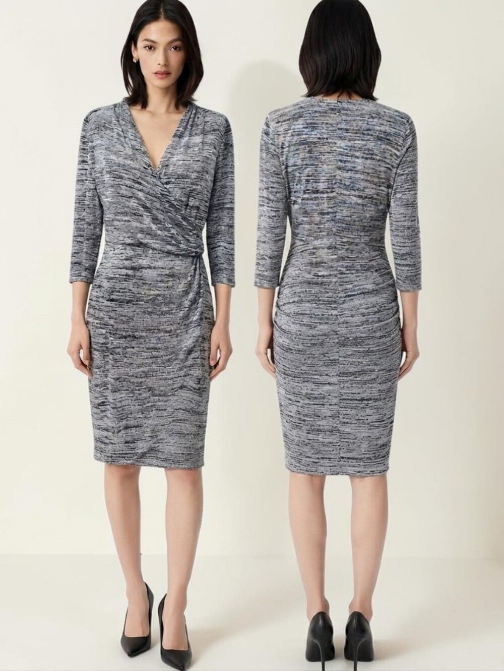 WHITE HOUSE BLACK MARKET Soft Knit Faux Wrap in Heather Grey - Size 8